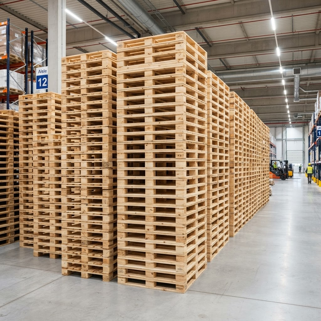 Pallets de madeira empilhados no galpão da Saltex
